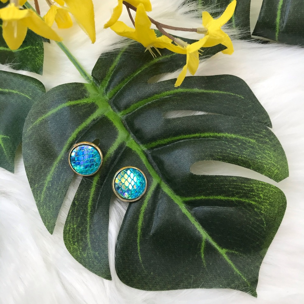 Blue iridescent Mermaid Tail Button Earrings